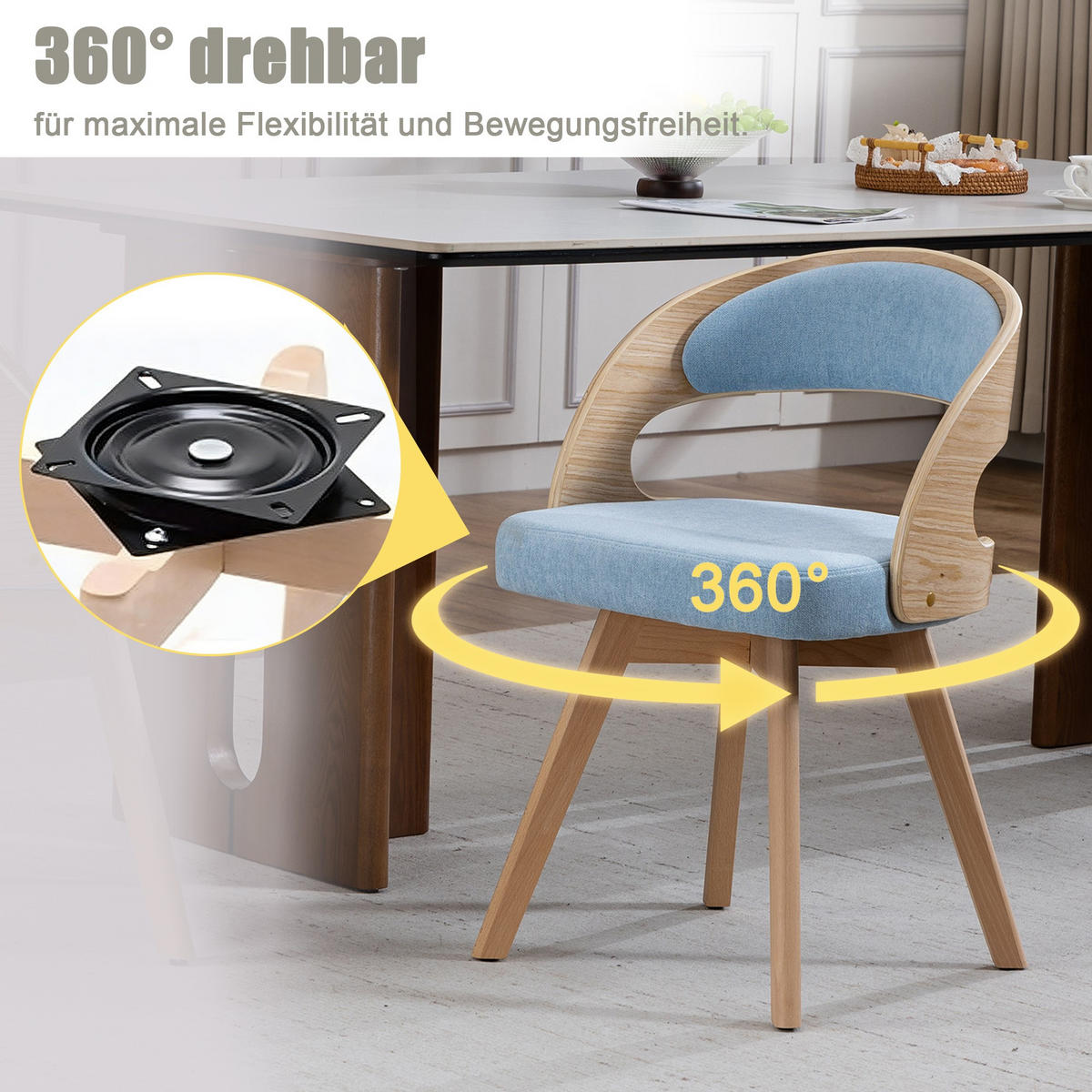 STUHL 2er-Set Esszimmerstuhl,360° drehbar,Massivholzrahmen,Leinenstoff,Blau - Blau, Holz (44/72/41cm) - LVHOM