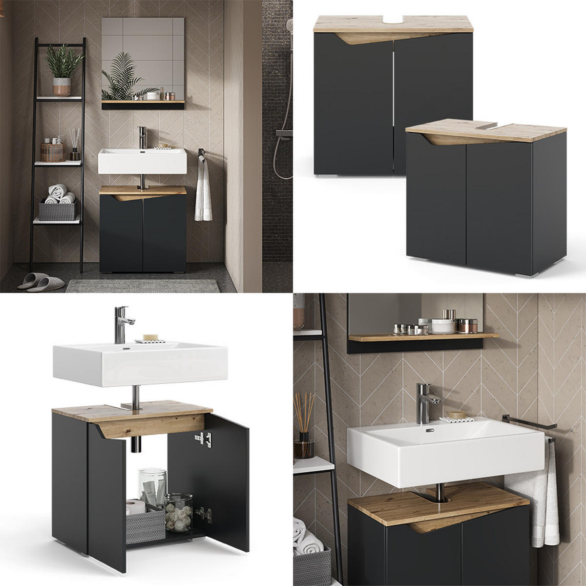WASCHBECKENUNTERSCHRANK Marelle Anthrazit 60 x 57.5 cm mit 2 Türen - Anthrazit, Holzwerkstoff (60/57.5/35cm) - Vicco
