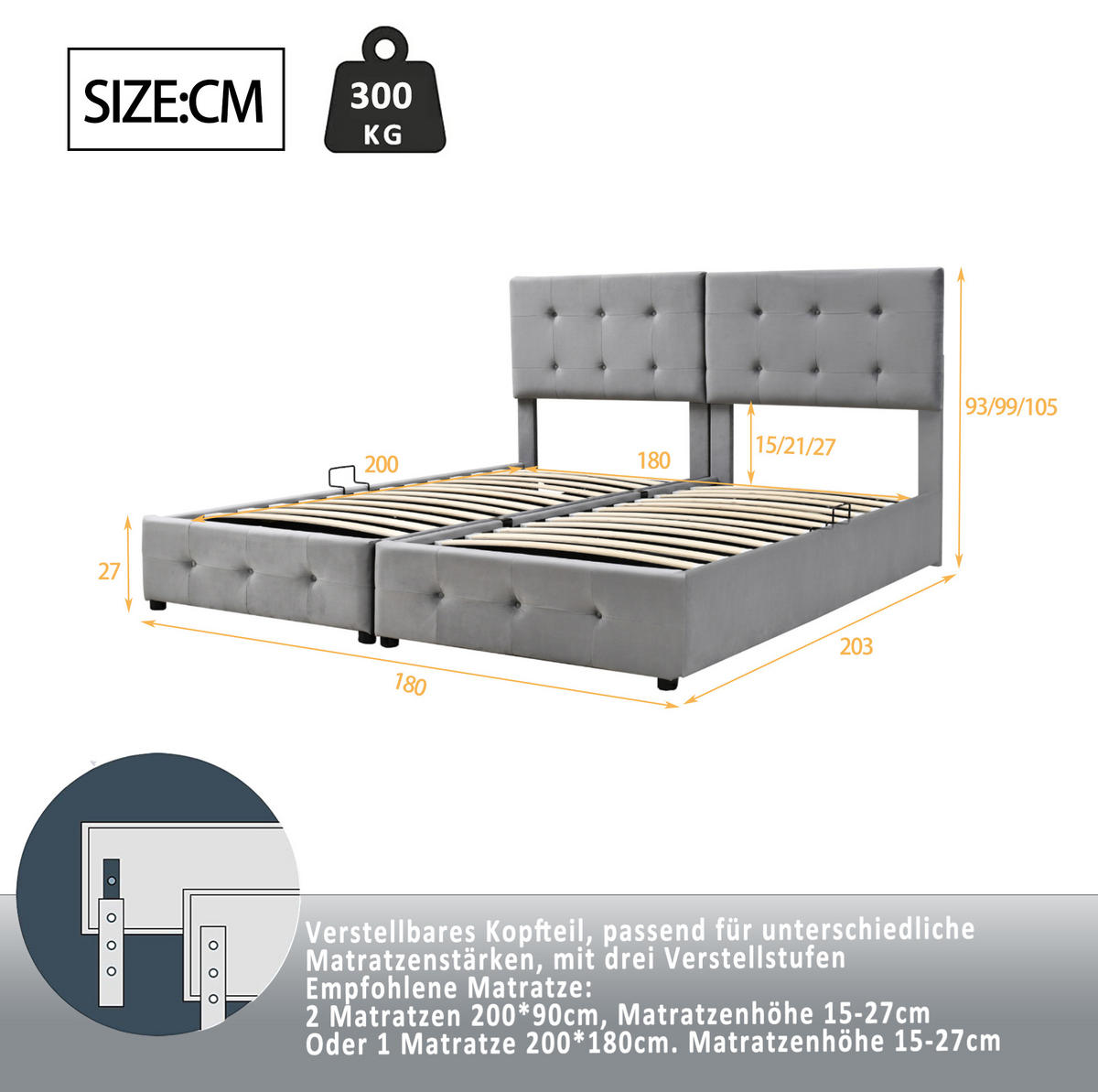 POLSTERBETT 180/200 cm Grau aus Samt mit hydraulischem Stauraum - Grau, Textil (180/200cm) - OKMYHOME