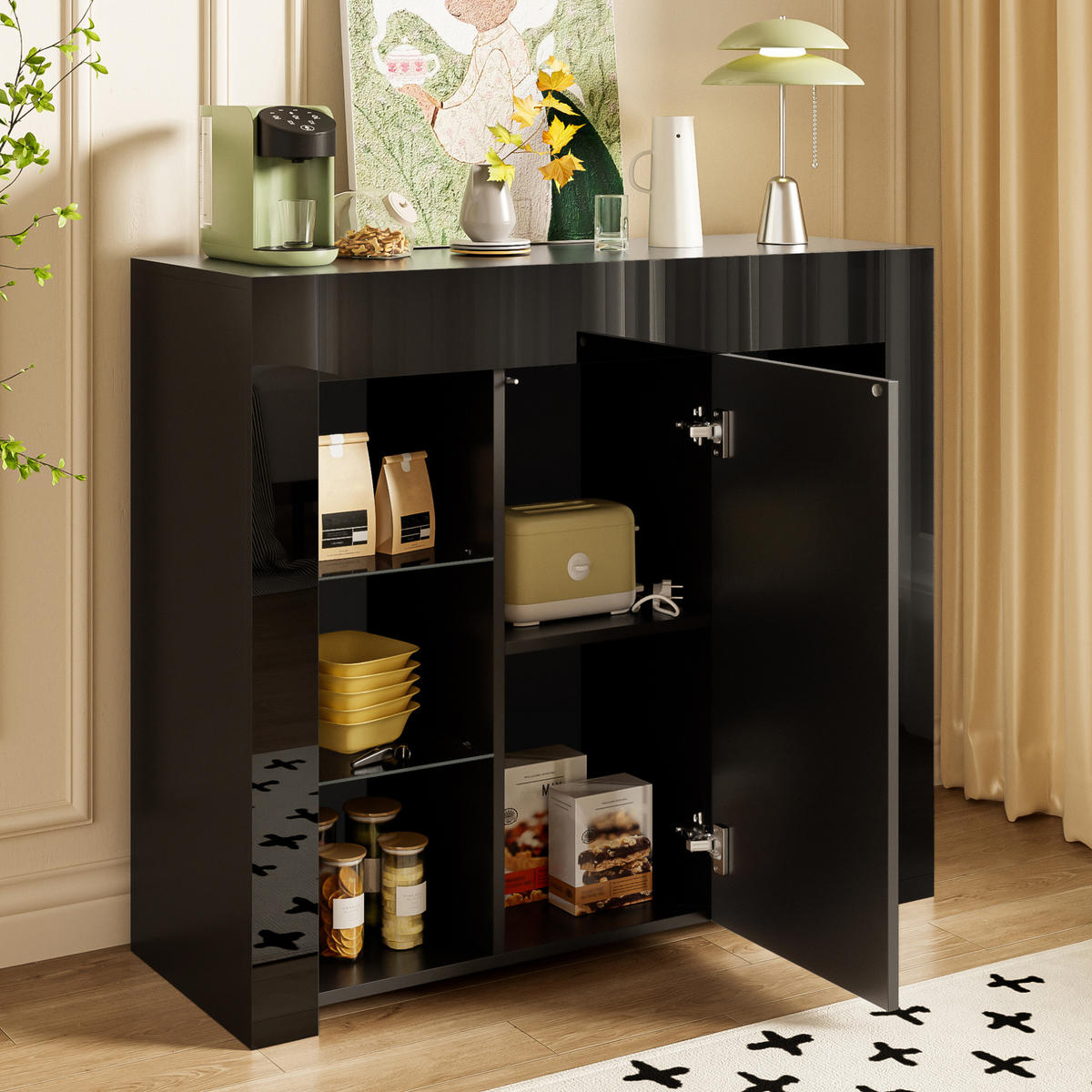 SIDEBOARD in Schwarz mit Hochglanz-Front und Glasregalen, 95/35/83 cm, Schwarz - Schwarz, Holzwerkstoff (95/83/35cm) - Redom