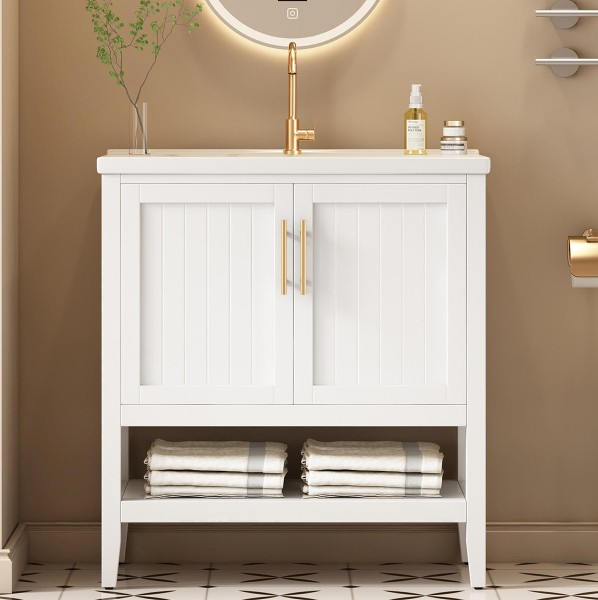 WASCHTISCH mit Unterschrank aus MDF 80x47x89 cm in Weiß, bodenstehend, pflegeleicht und mit Keramikbecken - Weiß, Holzwerkstoff (80/89/47cm) - Modfu