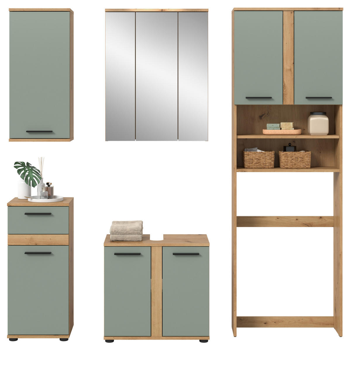 BADMÖBEL-SET 5-teilig Salbei grün, Artisan Eiche 192 cm, Badezimmerschränke mit viel Stauraum - Salbeigrün/Schwarz, Glas/Holzwerkstoff (192/191/34cm) - Inn.Furn