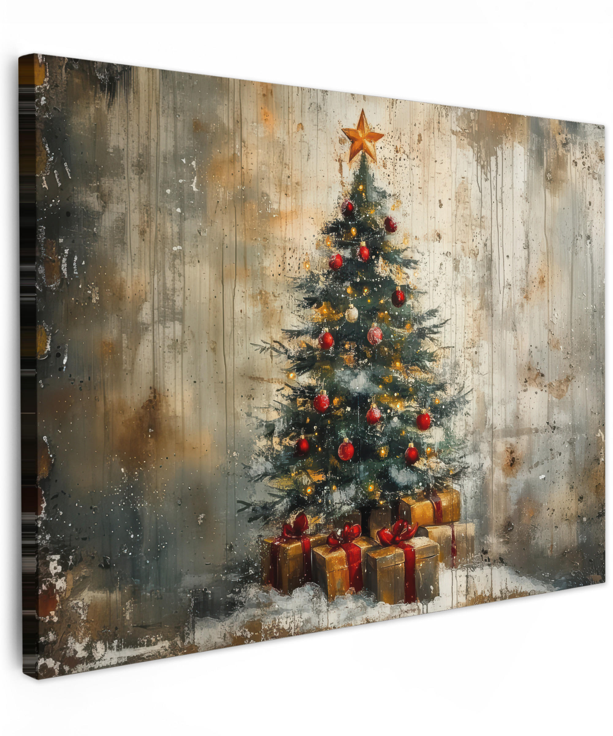 LEINWANDBILD Weihnachtsbaum - Vintage - Weihnachten - Geschenk Wandbilder 80x60 cm - Rostfarben, Textil (80/60cm) - MuchoWow