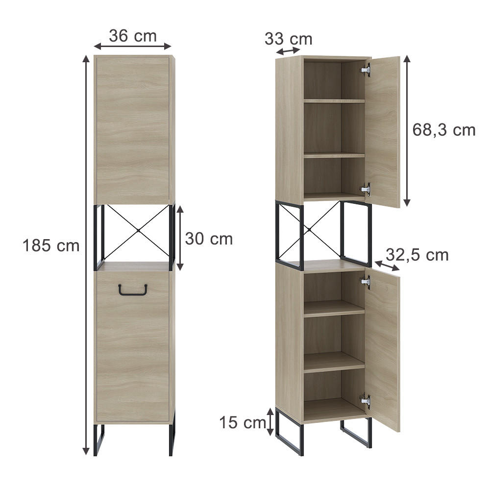 BADSCHRANK Vionna Eiche/Schwarz 36 x 185 cm mit 2 Türen - Eichefarben/Schwarz, Holzwerkstoff (36/185/33cm) - Vicco