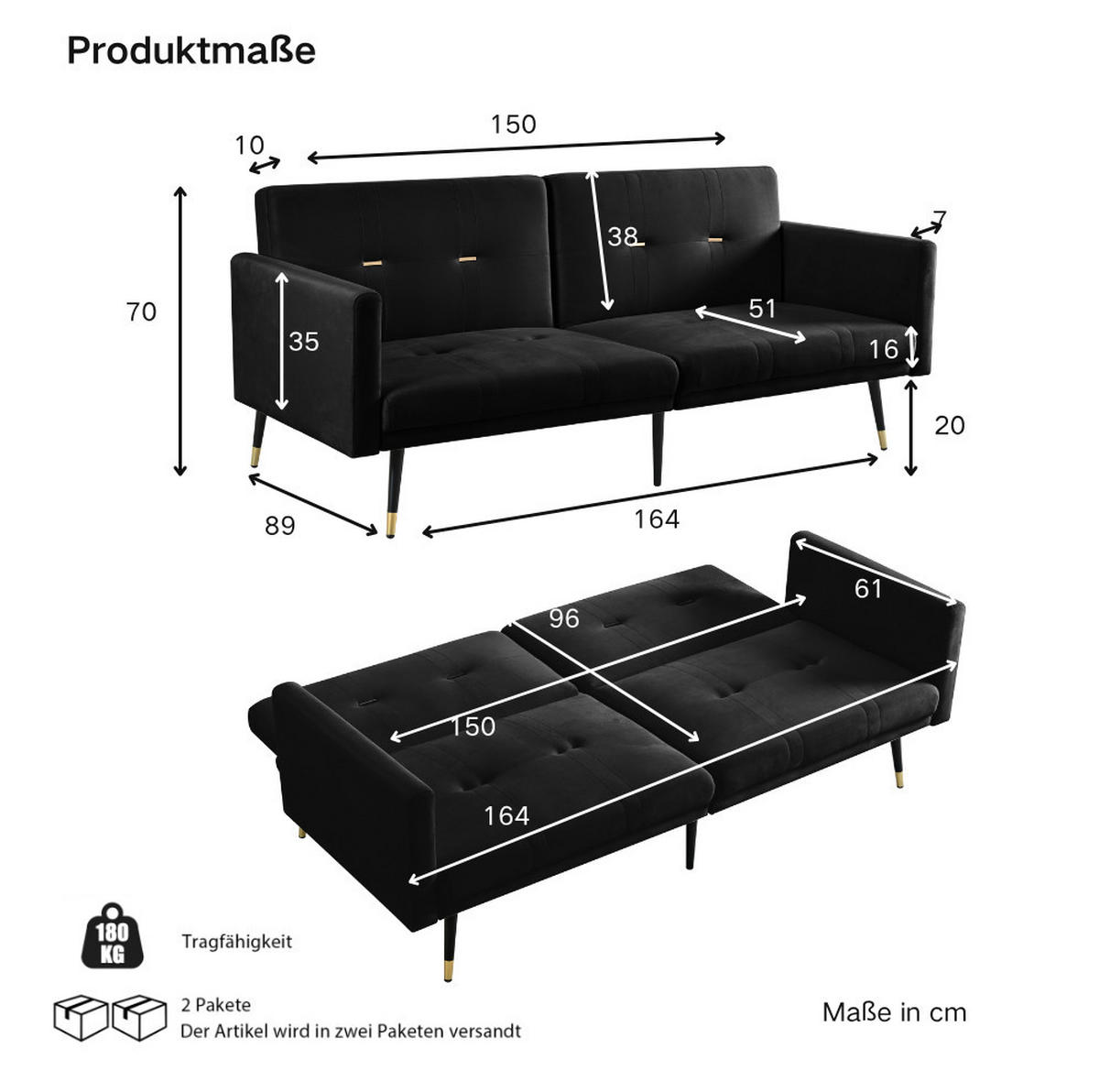 SCHLAFSOFA mit verstellbaren Rückenlehnen, 2-in-1 Funktion und Samtbezug, Schwarz - Schwarz, Textil (164/70/89cm) - Redom