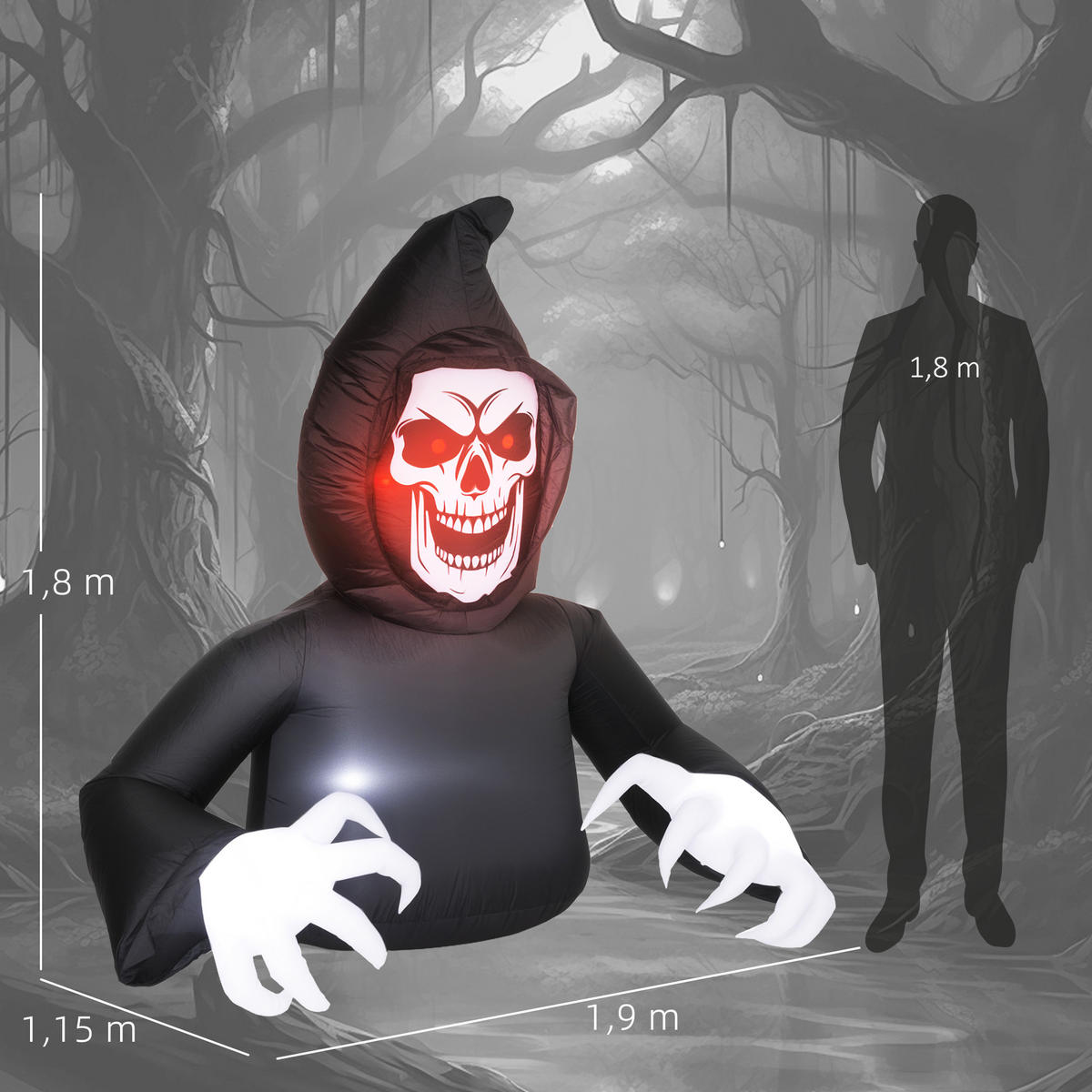 AUFBLASBARER Sensenmann, Halloween-Dekoration mit LED-Lichtern, für Outdoor - Schwarz, Textil (115/180/190cm) - Outsunny