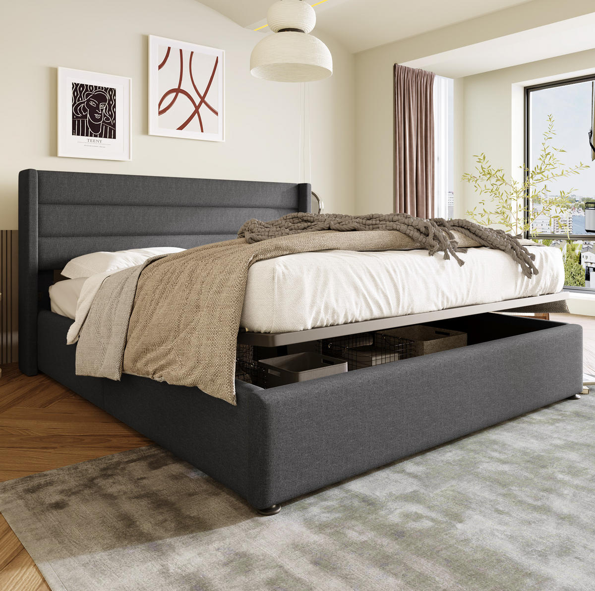 POLSTERBETT mit Bettkasten 160/200 cm in Grau mit gepolstertem Kopfteil - Grau, Textil (160/200cm) - BEAOK