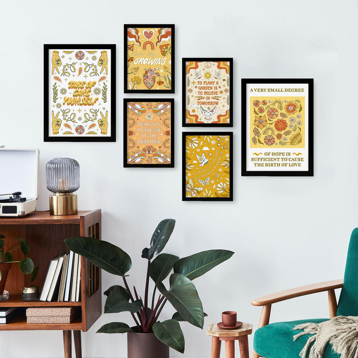 POSTER Set Mit 6 Drucken Der Selbstversorgung In Der Brillanten Groovy Dekorative Rahmen Für Ihr Zuhause Wandkunstdruck A3 & A4 Schwarzer Rahmen - Schwarz, Papier (29/3cm) - Nacnic