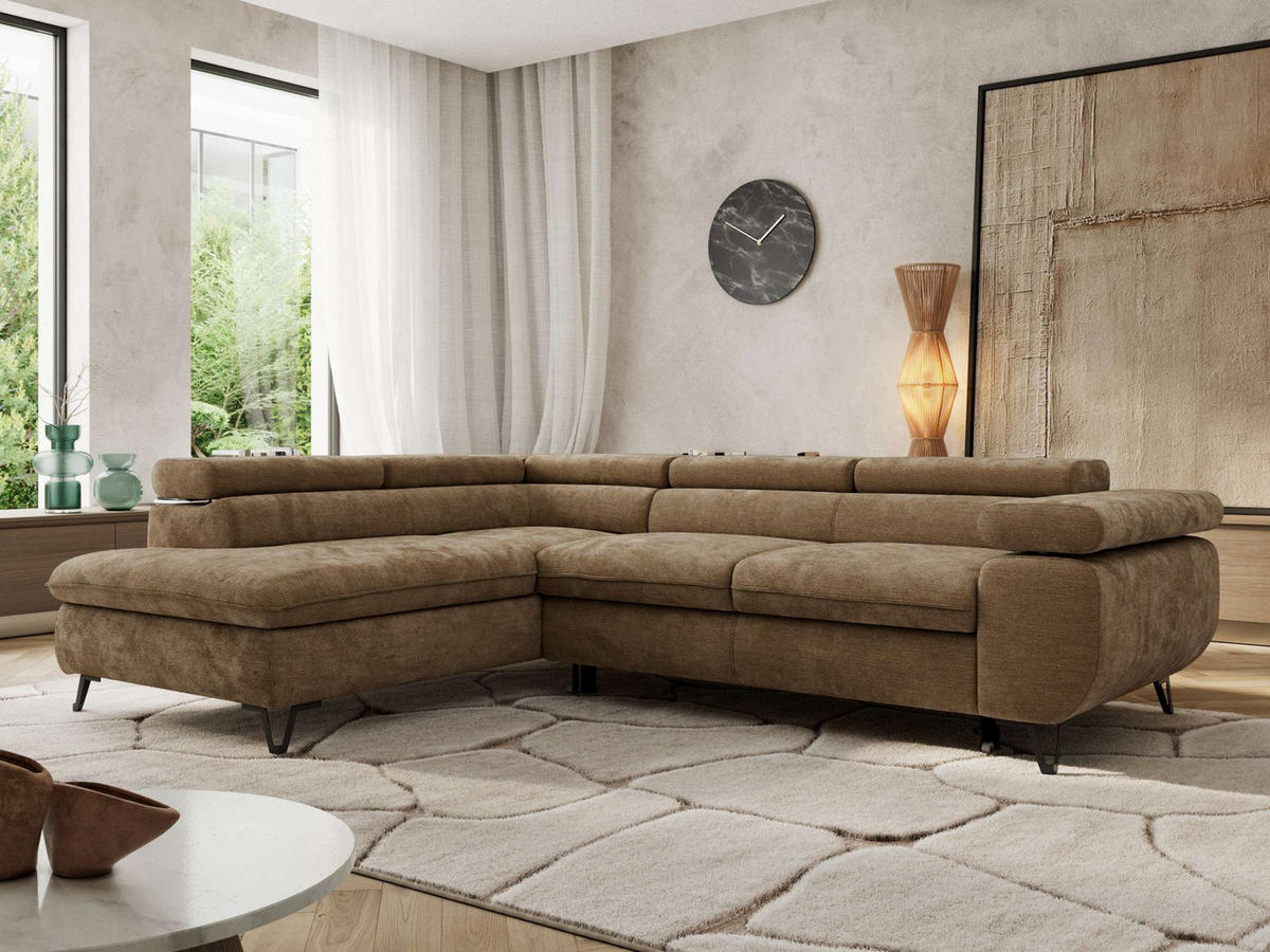 ECKSOFA PABLO L Braun Schenille glatt - Links Seite mit Visco Topper - Schwarz/Braun, Textil/Metall (208/273cm) - MKS