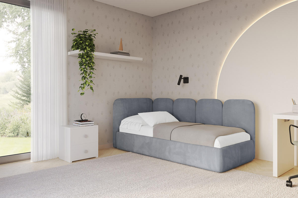 EINZELLBETT Jugendbett mit Bettkasten und Matratze H3/H4, Rechts - VELY 80x200 Grau - Blaugrau, Holzwerkstoff/Textil (80/200cm) - ALTDECOR