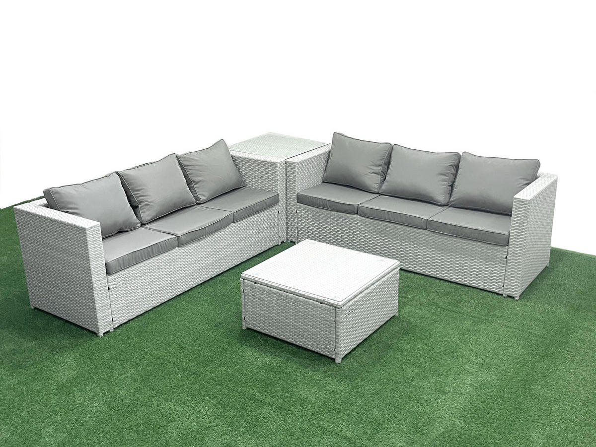GARTENMÖBEL-SET mit Kissen Polyrattan Hellgrau-Mix 6-Sitzer - Hellgrau/Grau, Glas/Kunststoff - Fimous