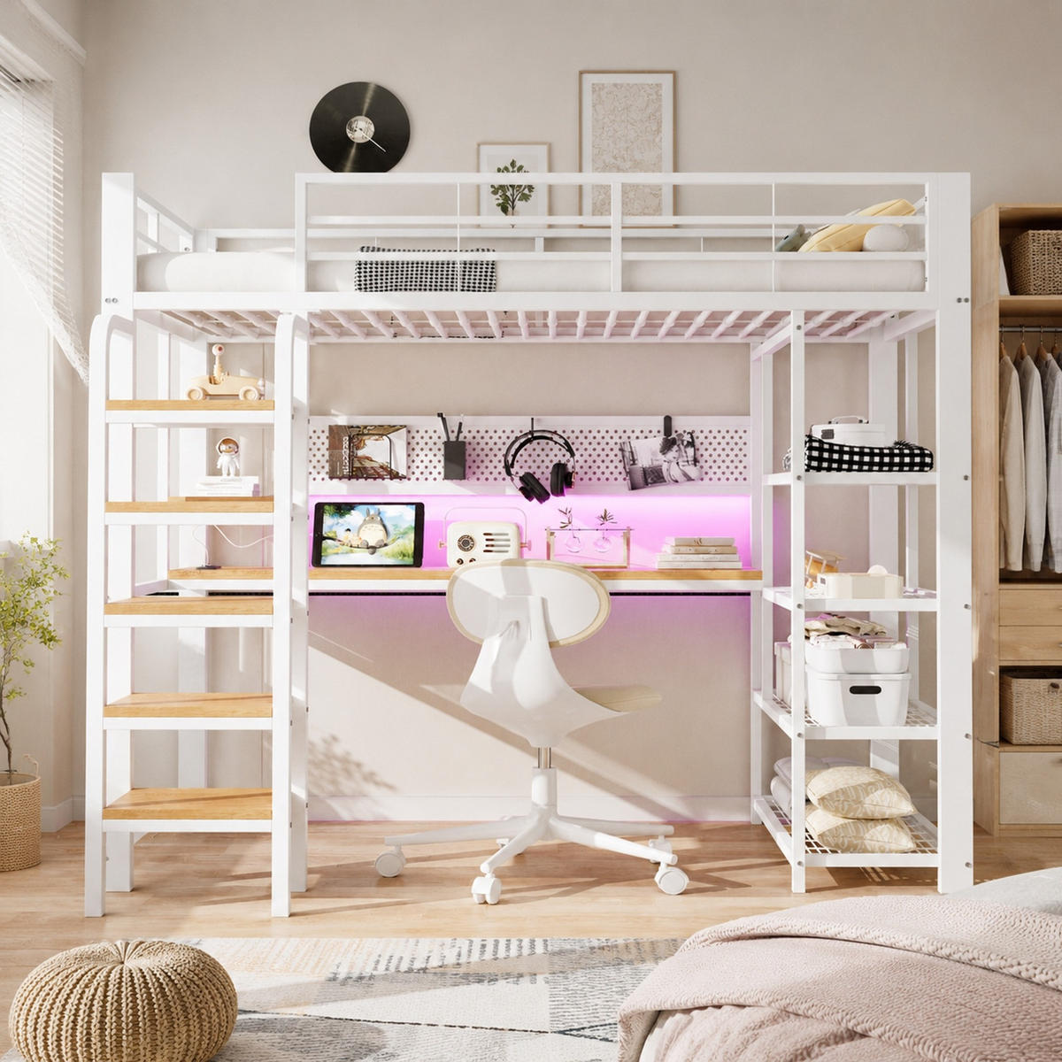 HOCHBETT 90/200 mit Schreibtisch, LED, Steckdose und Regalen in Weiß - Weiß, Holzwerkstoff/Metall (90/200cm) - EVRYAE