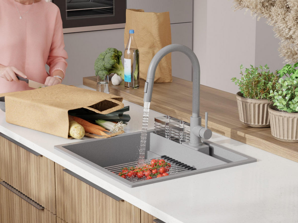 GRANITSPÜLE Bergen Pocket, 2-er set Grau 56/54 cm 1 Becken + Küchenarmatur 38/14 cm + Ablauf-Set + Küchenzubehörset ab 60er Unterschrank - Chromfarben/Beige, Kunststoff (56/20/54cm) - Primagran