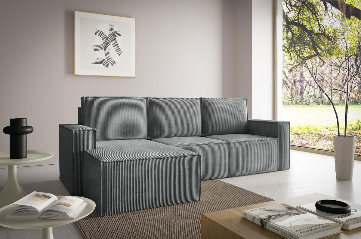 ECKSOFA Orto Dunkelgrau, Dreisitzer Kordecksofa linke seite - Dunkelgrau, Holzwerkstoff/Textil (180/142cm) - Bettso