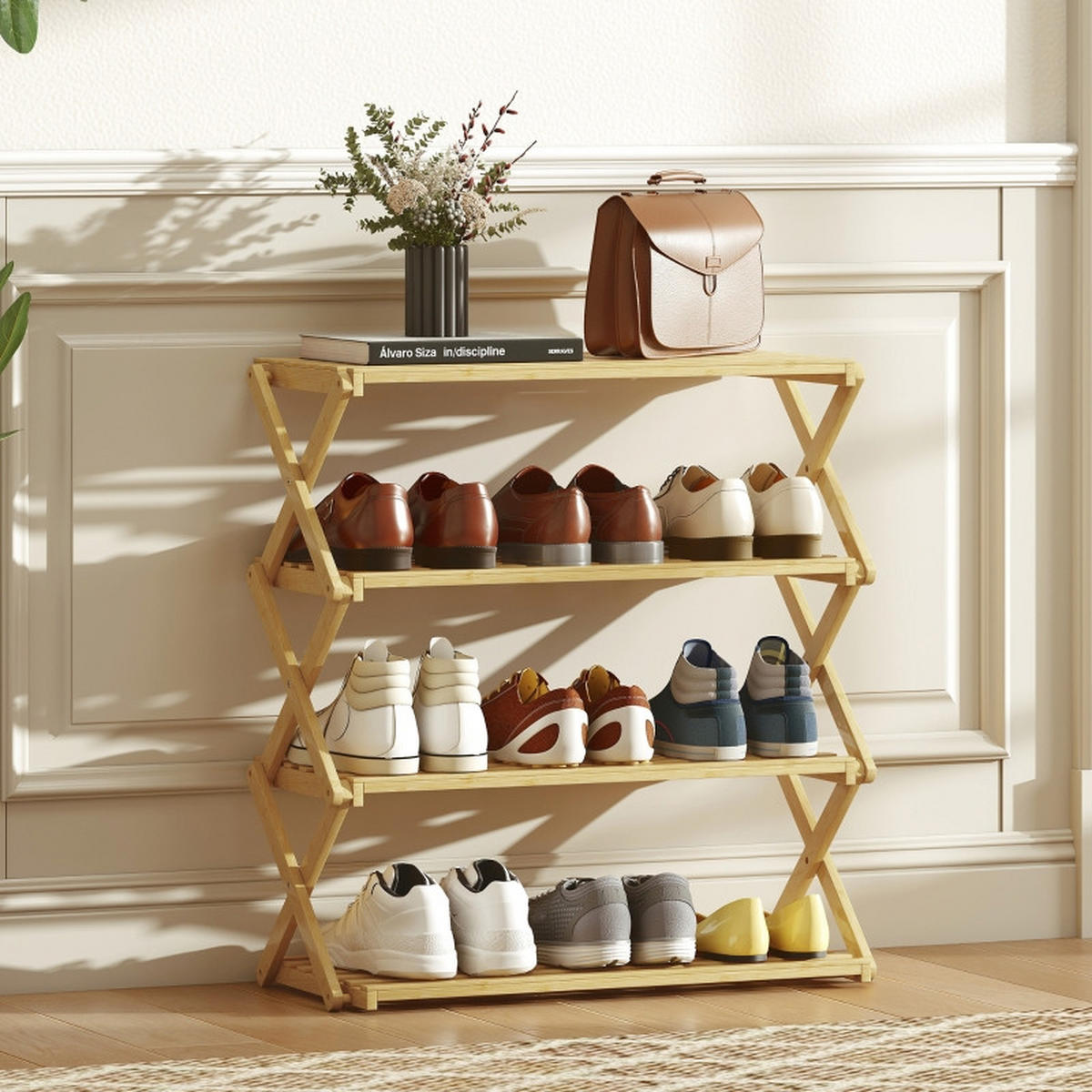 FALTBARES Schuhregal 4 Ebenen 60/29/67 cm aus Bambus in Natur - Naturfarben, Naturmaterialien (60/67/29cm) - BEAOK