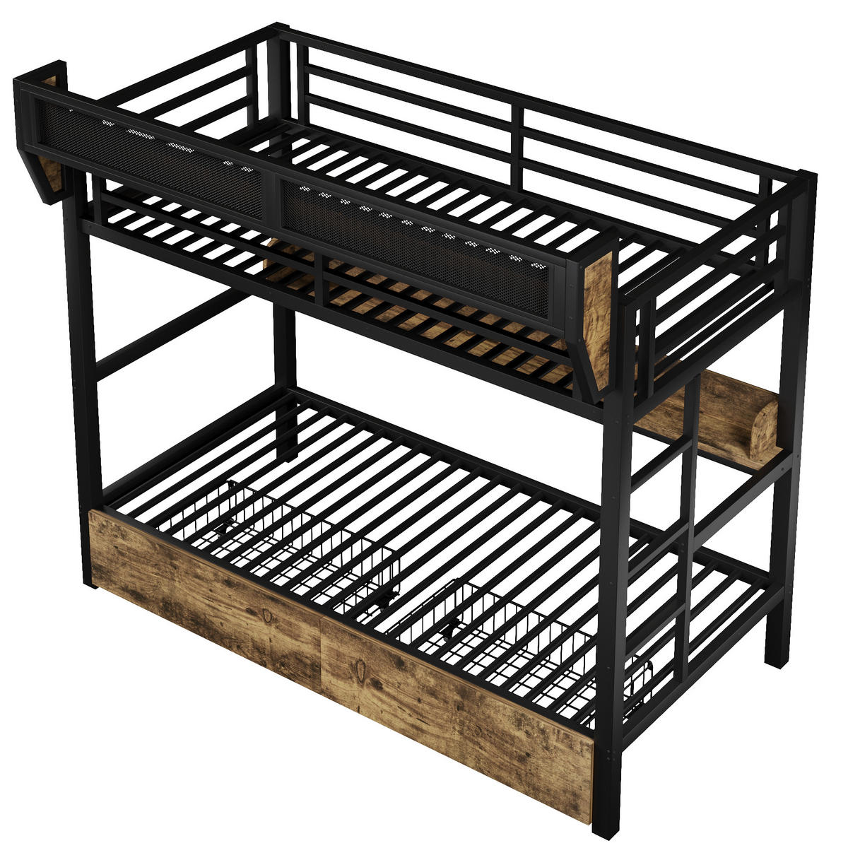 ETAGENBETT 90/200 cm in Schwarz mit LED, Ablagebord, Aufbewahrungskorb und 2 Schubladen - Schwarz, Holzwerkstoff/Metall (90/200cm) - WISHDOR