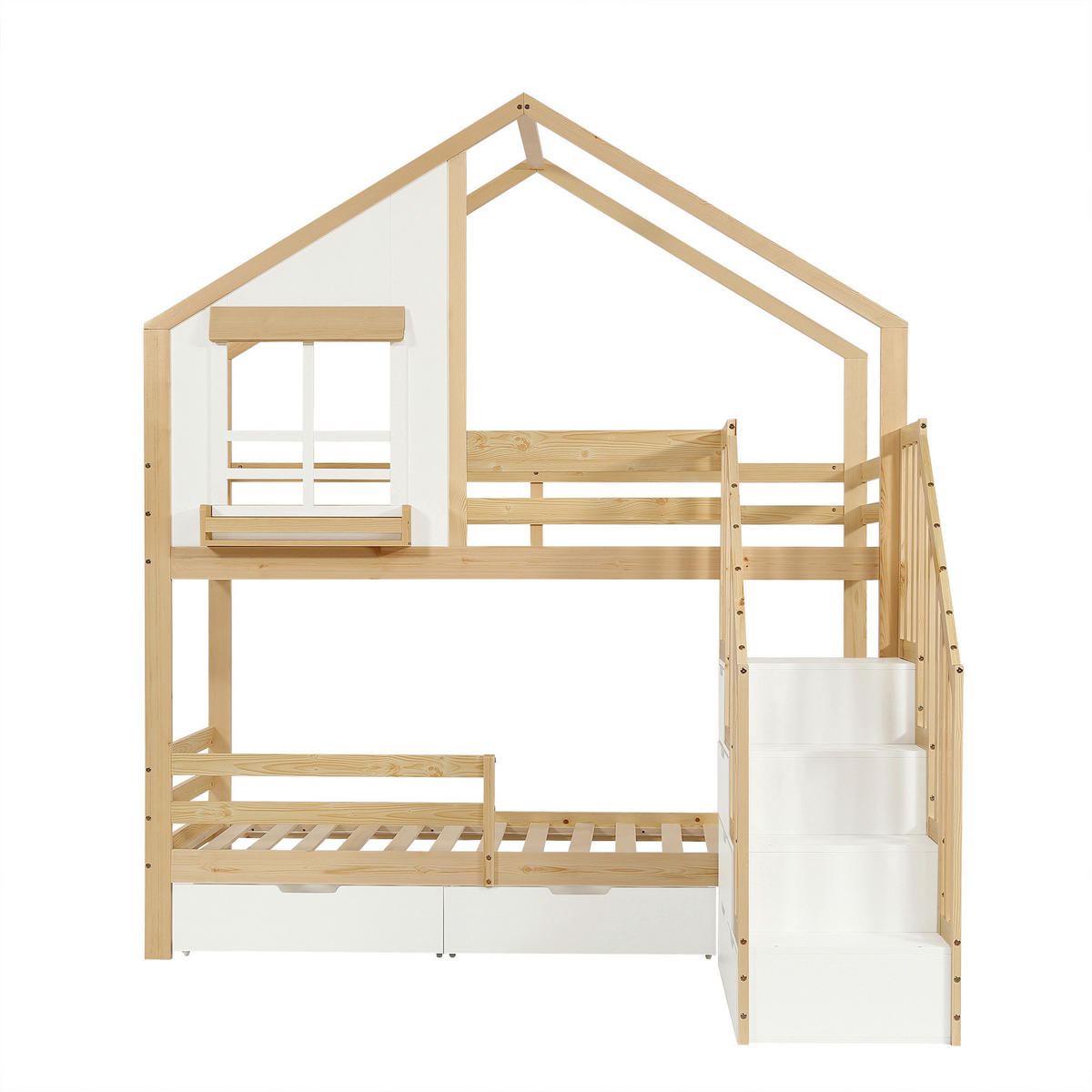 ETAGENBETT 90/200 cm DE-32748 mit Schubladen und Sicherheitsleiter Weiß/Natur - Naturfarben, Holz (90/200cm) - ComfortXL