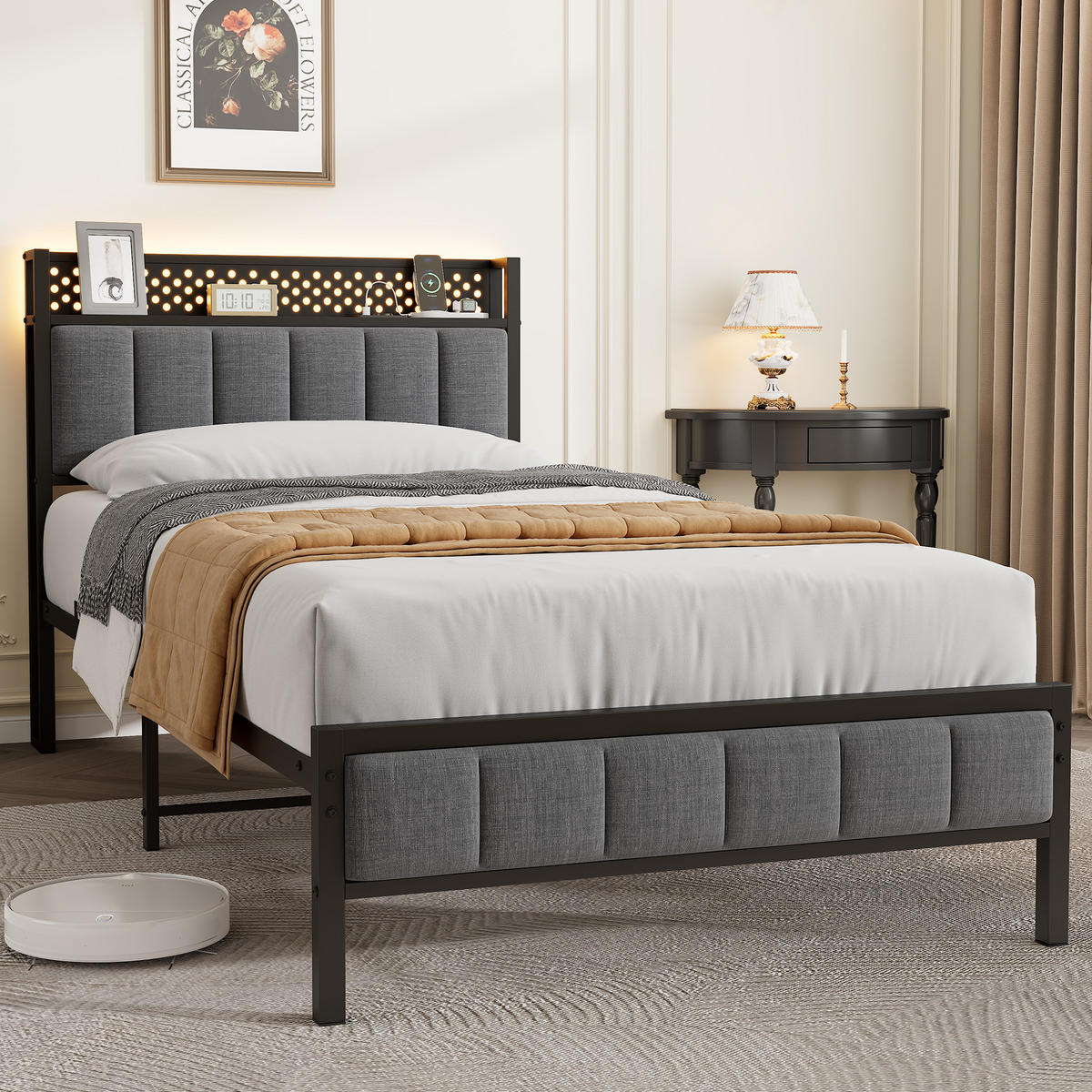 METALLBETT 90/200 cm in Schwarz mit gepolstertem Kopfteil, LED und USB - Schwarz, Holzwerkstoff/Textil (90/200cm) - CHICFURN