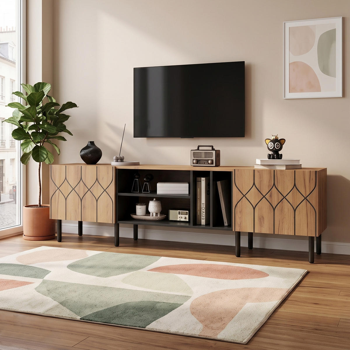 NÍZKÁ SKŘÍŇKA (LOWBOARD) přírodní dřevo a černá, 180 cm, pro TV do 70 palců, 2 dvířka a 4 otevřené přihrádky - přírodní, kompozitní dřevo (180/50/40cm) - Urban Meuble