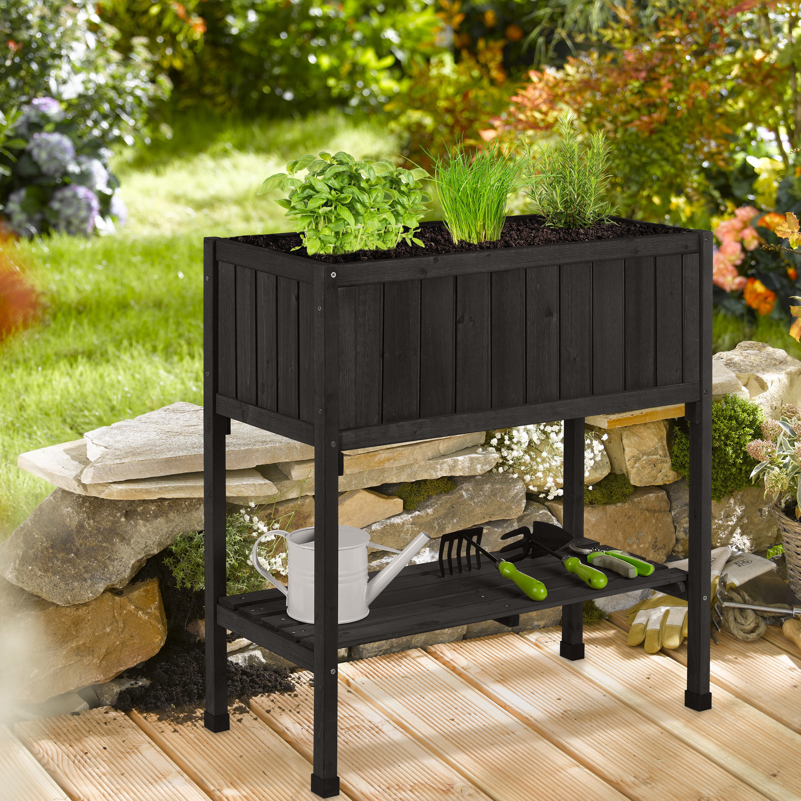 HOCHBEET - Schwarz, Holz/Kunststoff (74/80/38cm) - Relaxdays