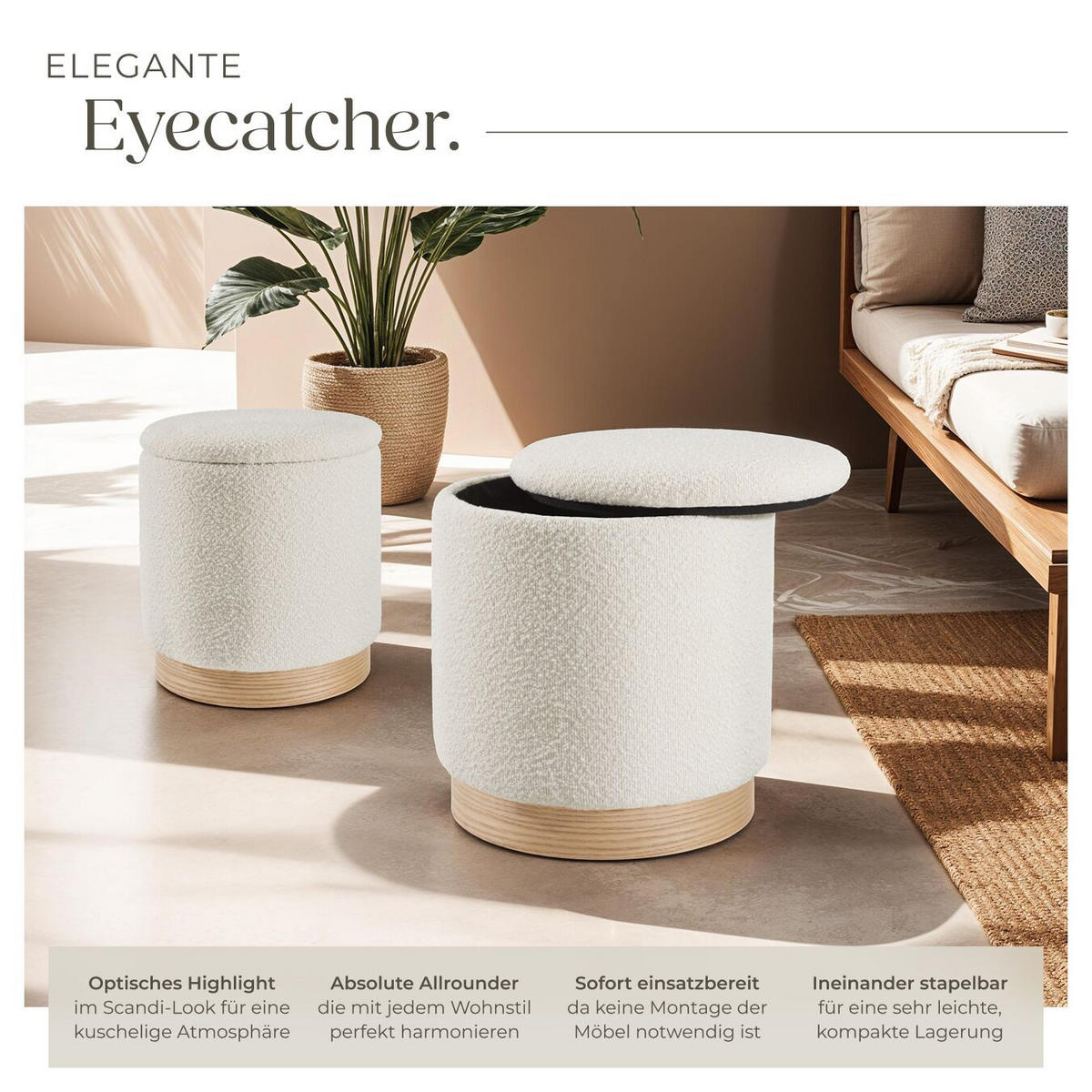 SITZHOCKER 2er Set mit Stauraum Orchide,Gestelle aus MDF-Platten,creme - Creme, Holz (38/42/38cm) - tectake