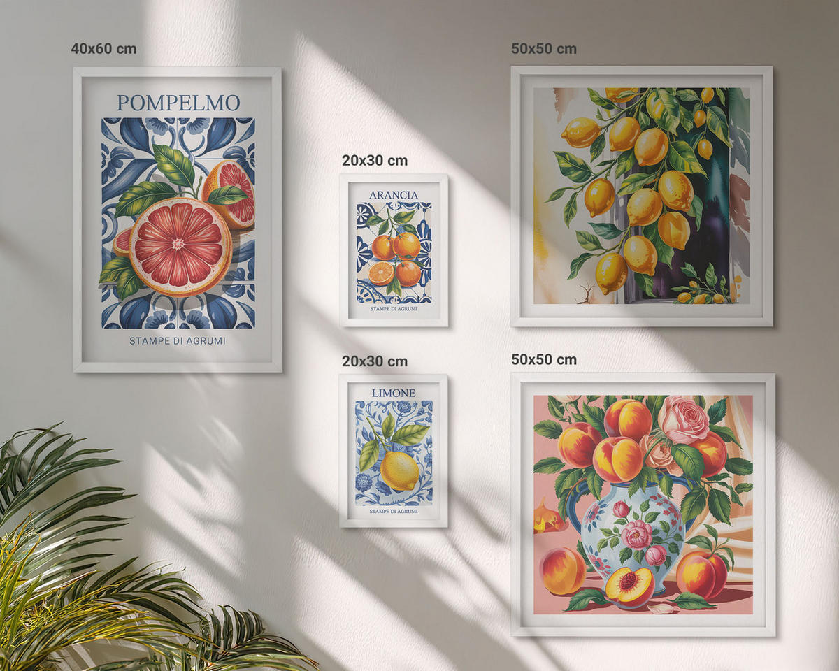 BILDER SET 5er Set - 50x50 cm & 20x30 cm & 40x60 cm Weißer Rahmen - Illustrationen von Zitrusfrüchten - Weiß, Kunststoff (40/60cm) - TULUP