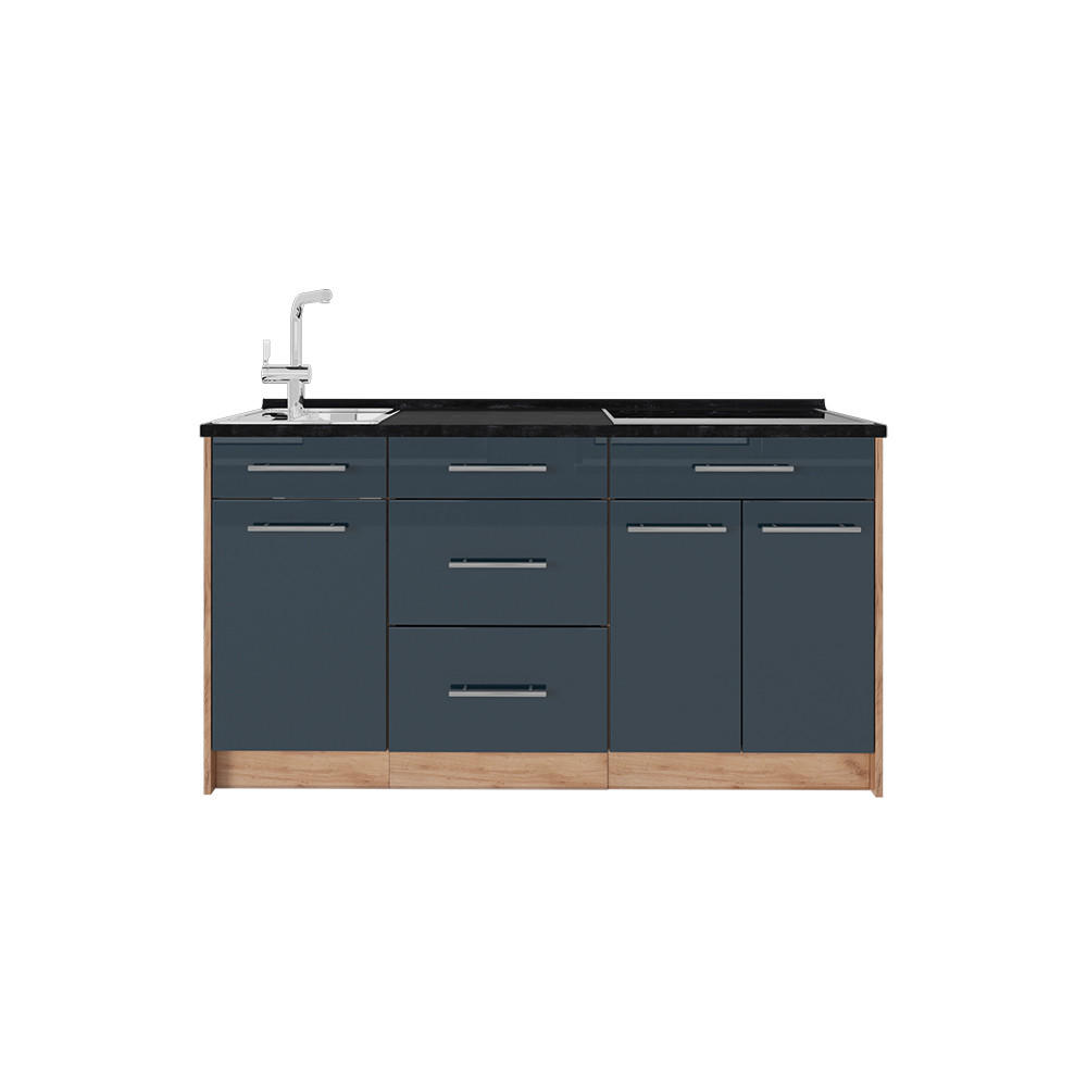 BLOC BUCATARIE Fame-Line, Albastru închis înalt lucios, 150 cm, AP Antracit - albastru închis/culoare lemn stejar, compozit lemnos (150/81.2/60cm) - Vicco