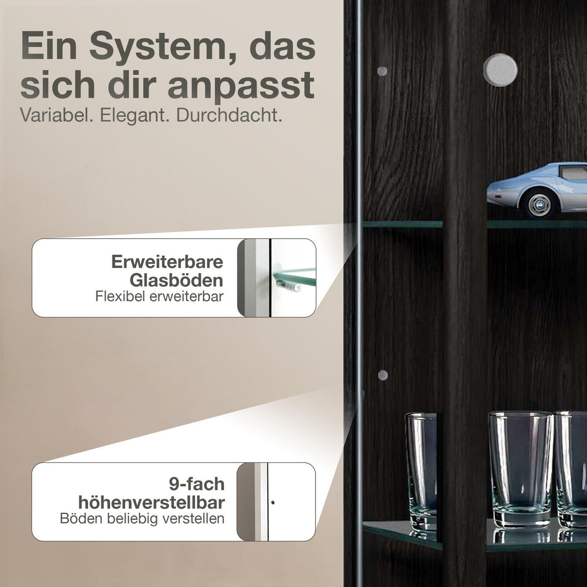 VITRINE 33/67/176 cm mit LED & 4 höhenverstellbaren Glasböden - Transparent/Silberfarben, Glas/Holzwerkstoff (67/176/33cm) - K-Möbel