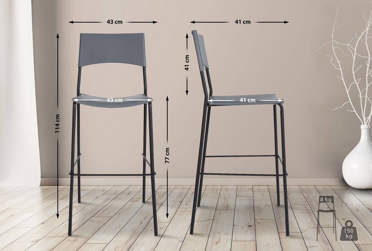 BARHOCKER Kunststoff grau - Schwarz/Grau, Kunststoff/Metall (43/114/41cm) - CLP