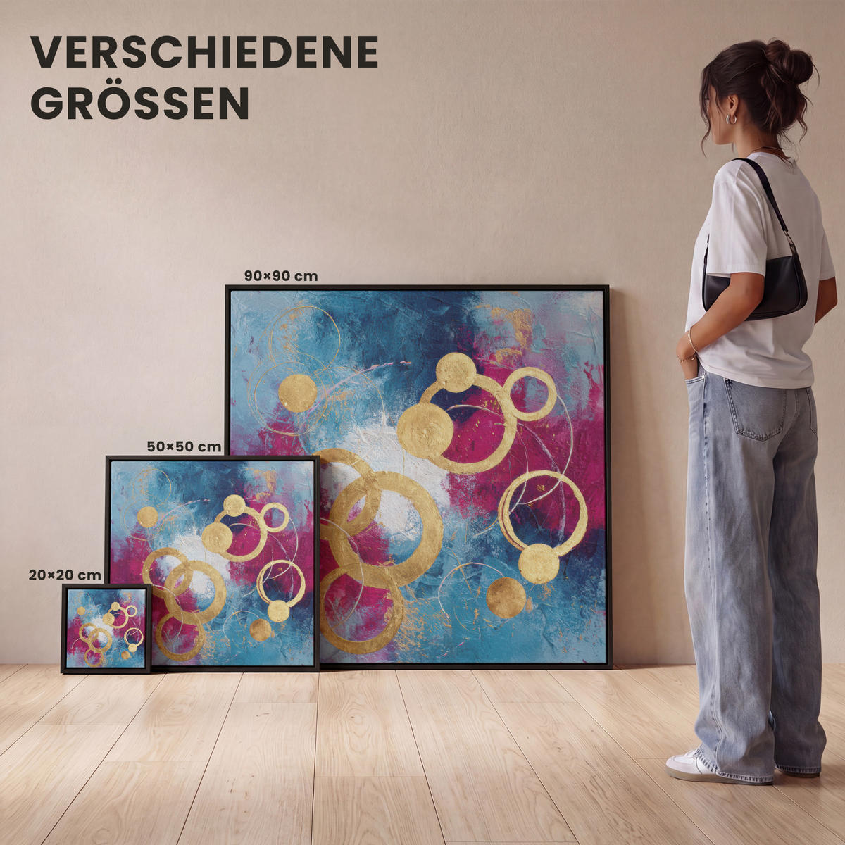 LEINWAND Bilder mit Rahmen - Kreise - Gold - Abstrakt - 20x20 - Blau, Textil (20/20cm) - MuchoWow