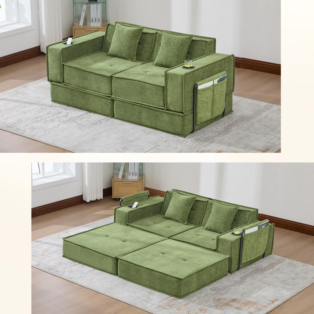 2-SITZER-SOFA aus Chenille 162x78x66 cm Grün mit 2 Kissen, Seitentaschen und modularem Design - Grün, Textil (162/66/78cm) - Modfu