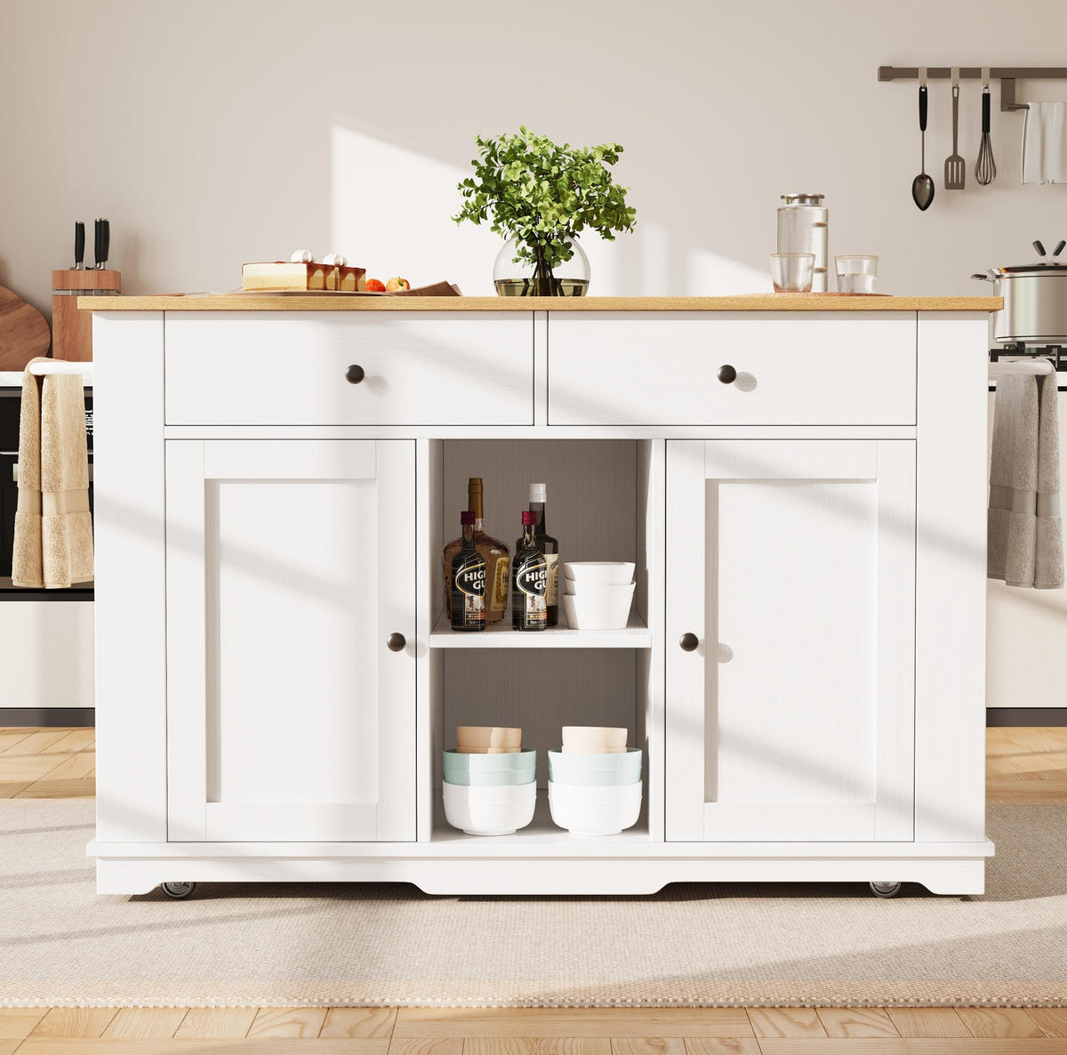 KÜCHENINSEL aus MDF und Metall 151,5x59,7x91,7 cm Weiß/Natur mit Steckdosenleiste, klappbarer Tischplatte und Rollen - Weiß, Holzwerkstoff (151.5/91.7/59.7cm) - Modfu