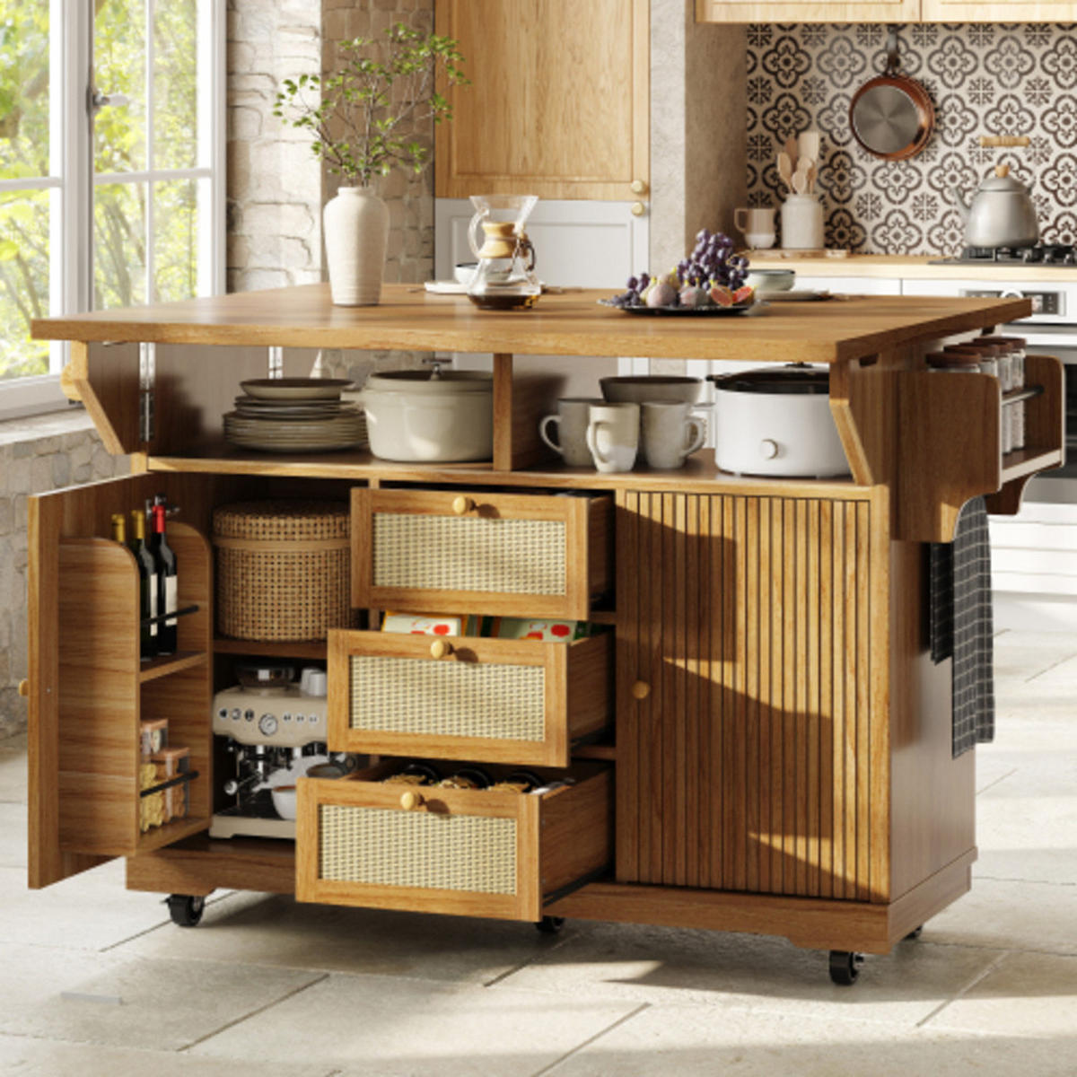 KÜCHENINSEL 142,5×40-80×95 cm aus MDF, Metall und PE-Rattan mit beidseitig klappbarer Tischverlängerung, dunkelbraun - Dunkelbraun, Holzwerkstoff (142.5/95/80cm) - Luhomfu