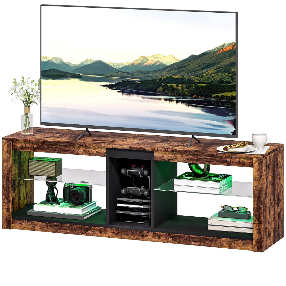 TV-LOWBOARD Braun 140/35/47 cm, LED-Beleuchtung, Glasböden - Braun, Holzwerkstoff (140/47/35cm) - PANGIVO