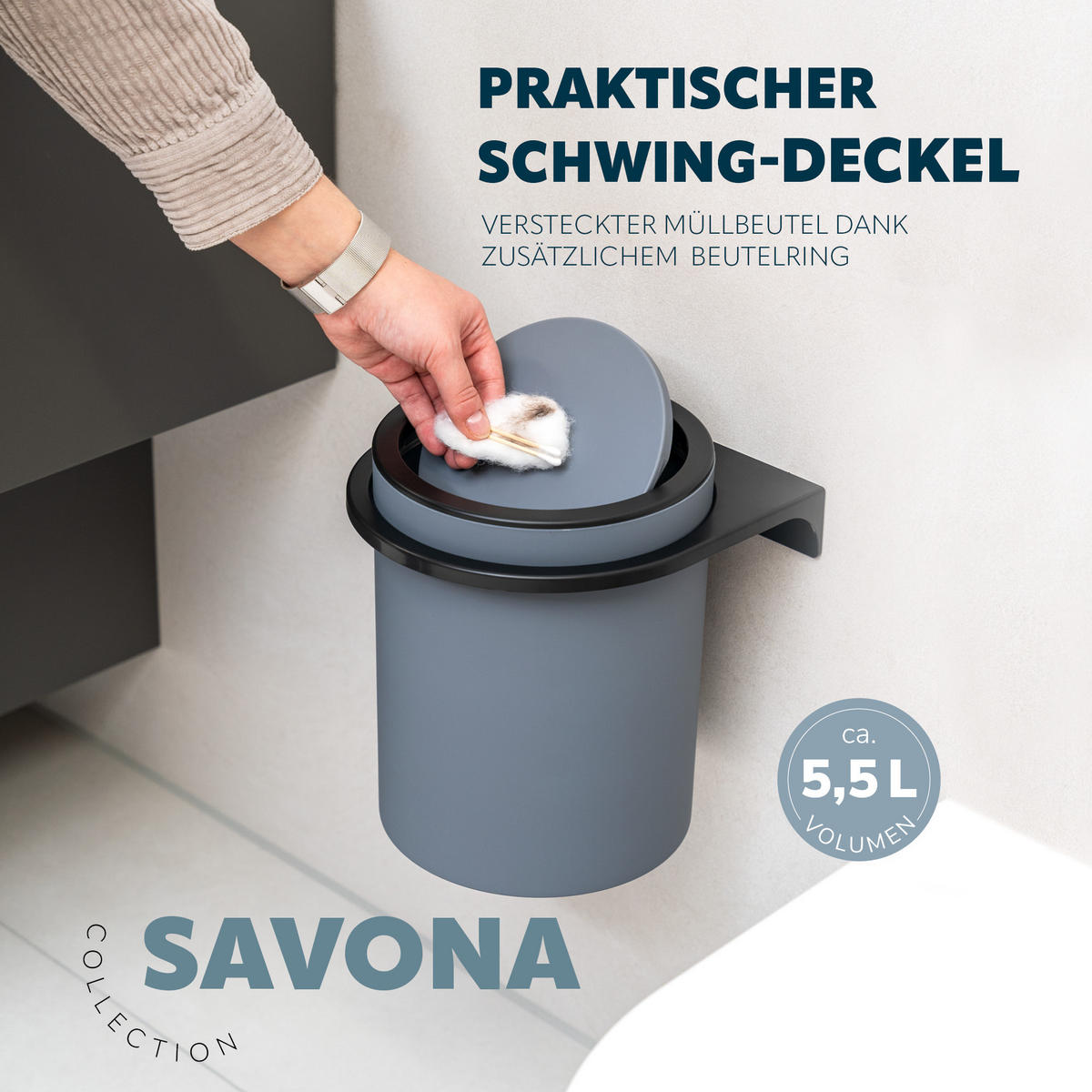 KOSMETIKEIMER SAVONA,5 Liter, grau - Grau, Kunststoff (19/24.5/19cm) - bremermann