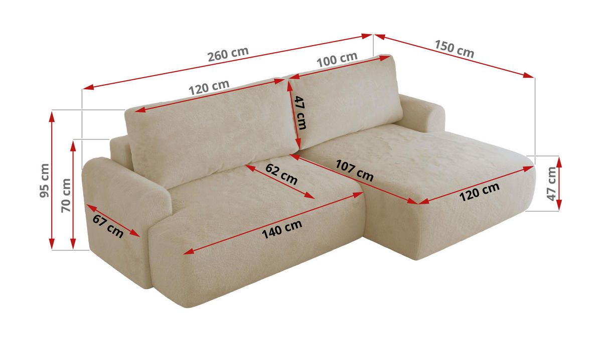 ECKSCHLAFSOFA TONO L Creme Plüsch - rechts - Creme/Schwarz, Kunststoff/Textil (150/260cm) - MKS
