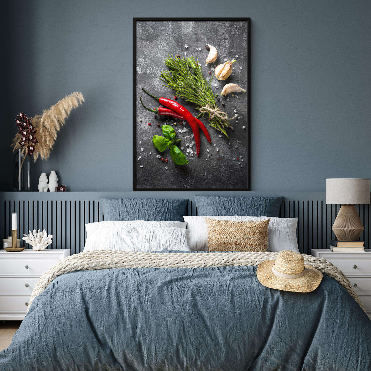 GERAHMTES BILD Pfeffer - Kräuter - Gewürze - Beton 80x120 cm - Dunkelgrau, Papier (80/120cm) - MuchoWow