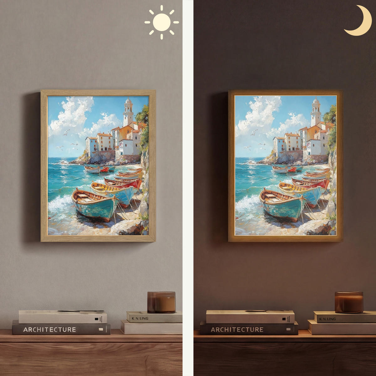NÁSTĚNNÁ LAMPA S AKUMULÁTOREM Lodě - skály - moře - slunce 30x40 cm - modrá, kompozitní dřevo (30/40/8cm) - OnlyWow