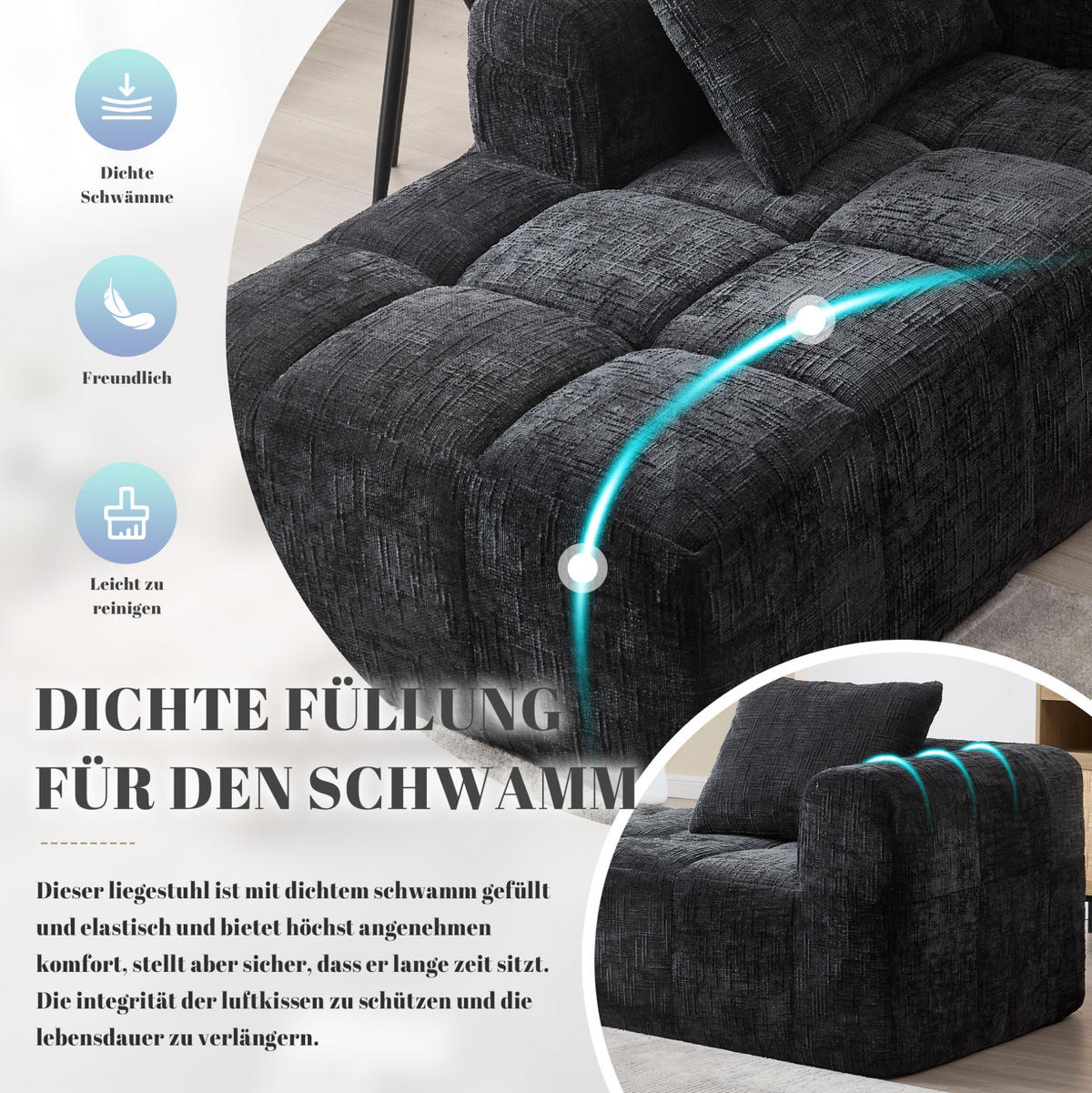 SOFA od ženilije, 158/90/60 cm crna, s ležaljkom i bočnim džepovima - crna, tekstil (60/158/90cm) - BEAOK