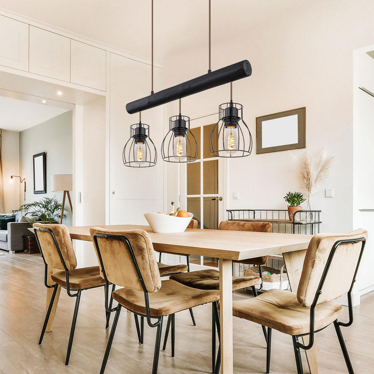 PENDELLAMPE Holz Schwarz Metallgitter - Schwarz, Holz (60/13.6/140cm) - Globo Lighting