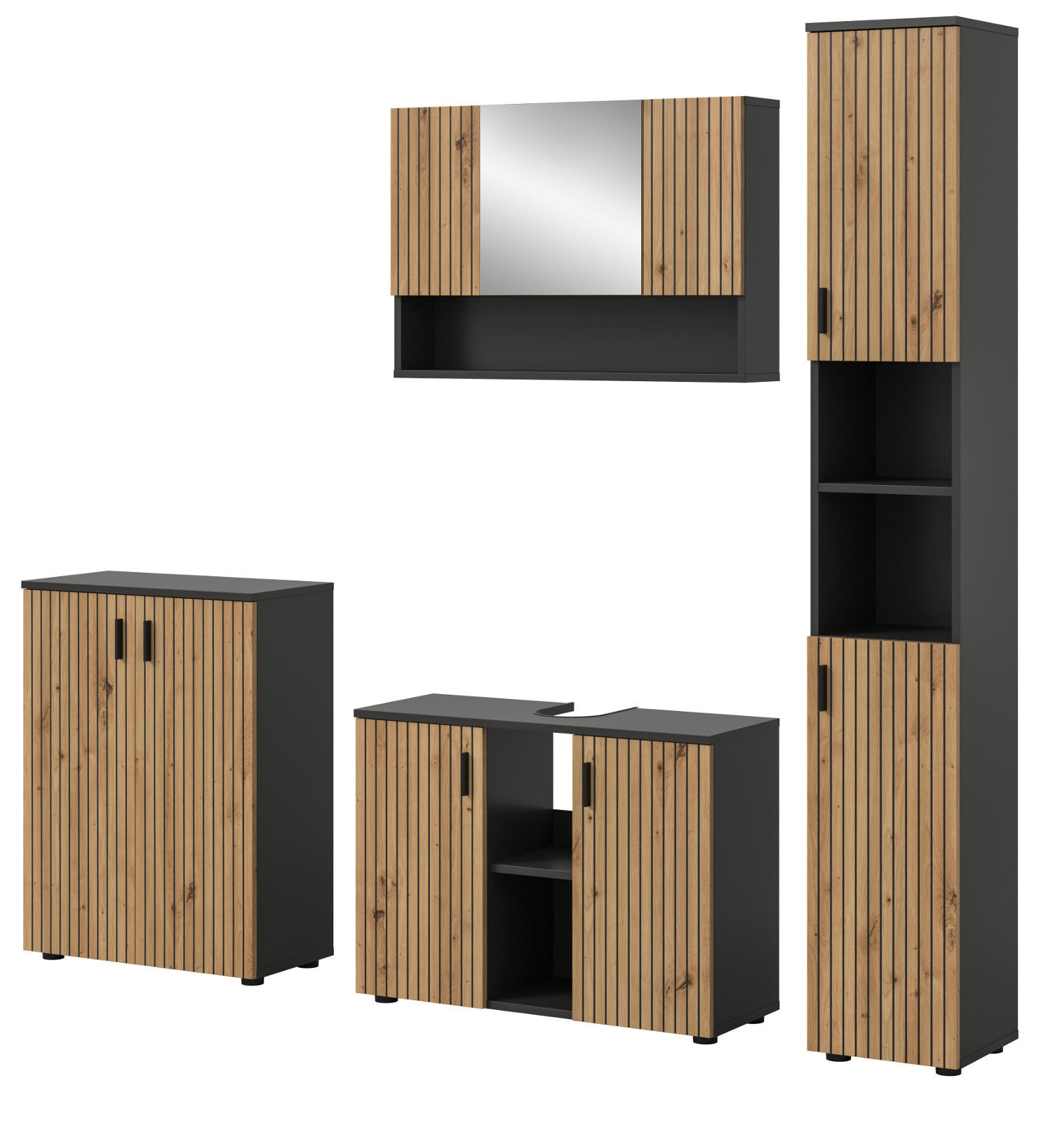 BADMÖBEL-SET Eiche Artisan, grau 4-teilig 200 cm, Badkombination mit viel Stauraum - Schwarz/Eiche Artisan, Glas/Holzwerkstoff (200/192/30cm) - Inn.Furn