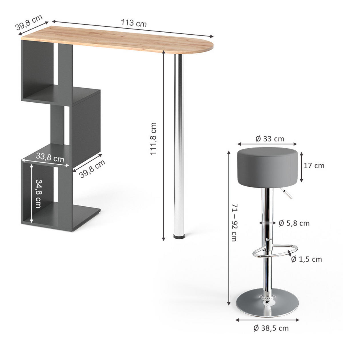 BARTISCH-SET Vincent Goldkraft Eiche 113 x 39.8 cm mit 2 Barhockern - Eiche Wotan, Holzwerkstoff (113/111.8/39.8cm) - Vicco