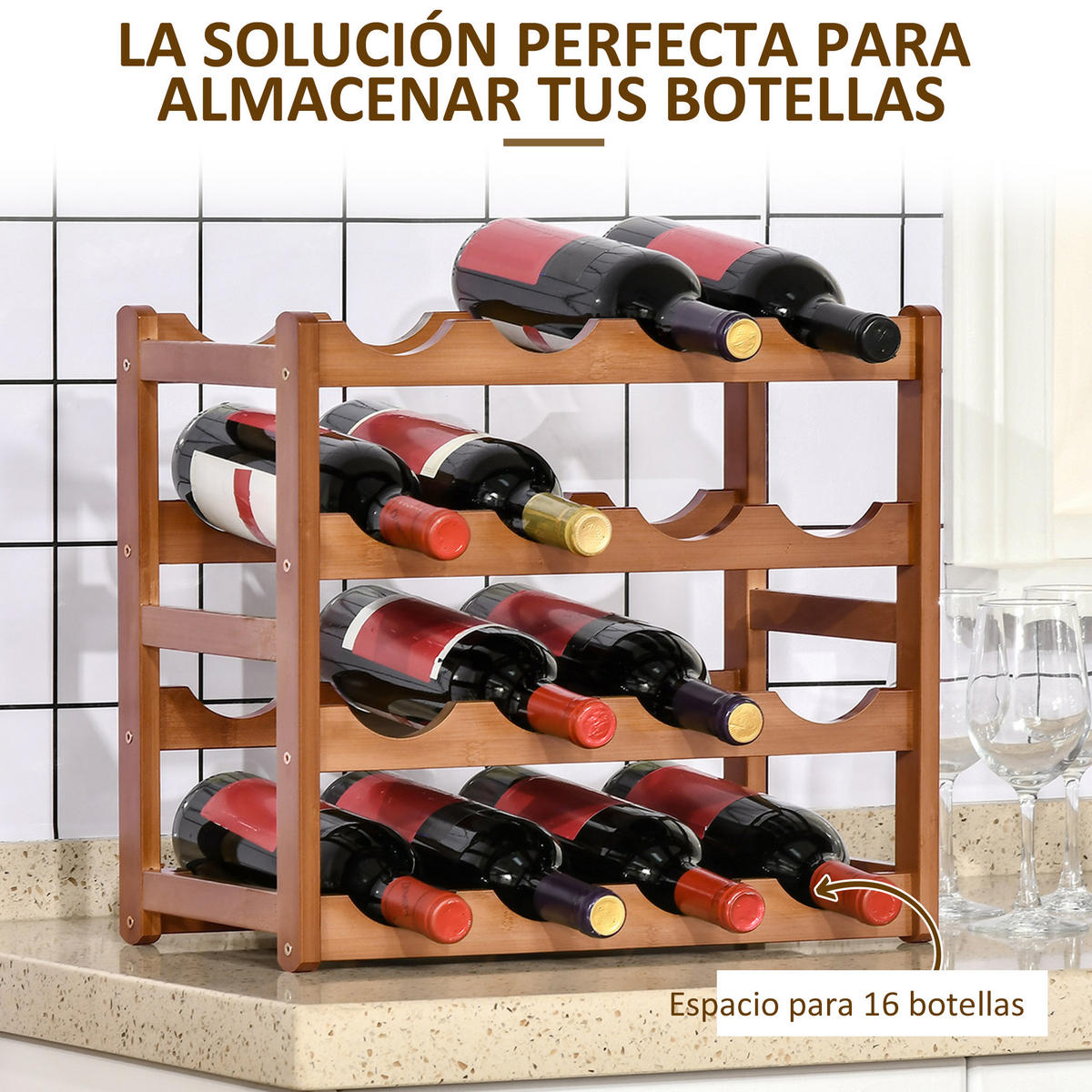 WEINREGAL, 4-stöckig, Bambusholz, 16 Flaschen, 75kg, braun, 43x23,5x38cm - Multicolor, Metall (43/38/23.5cm) - FORIOUS