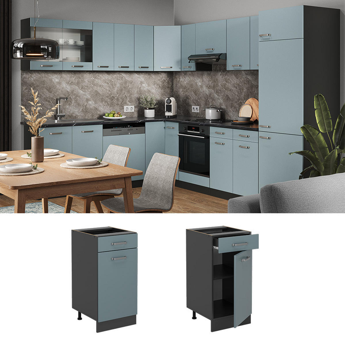 KÜCHENUNTERSCHRANK R-Line Blau-Grau 40 cm AP Marmor - Anthrazit/Blaugrau, Holzwerkstoff (40/81.6/60cm) - Vicco