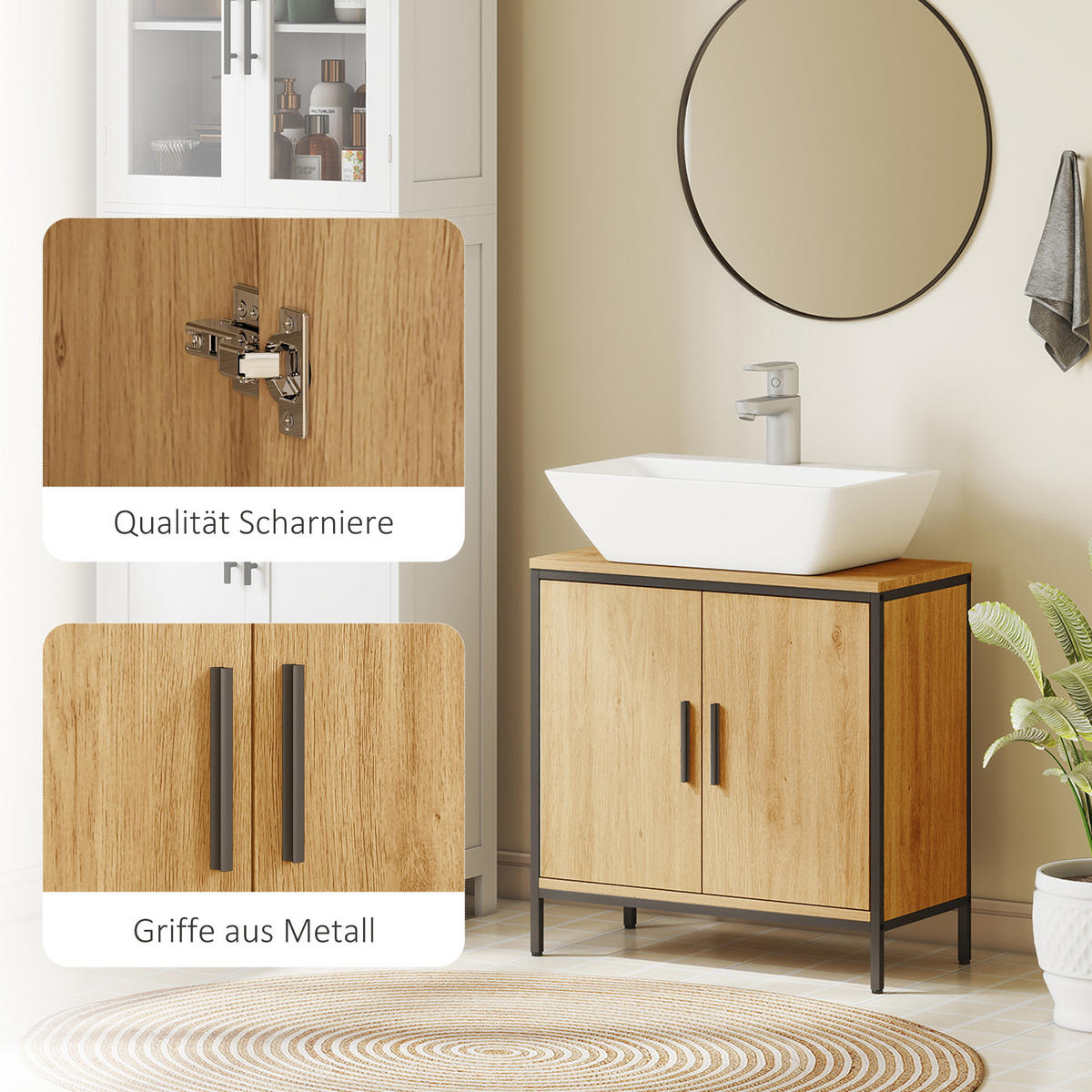 WASCHBECKENUNTERSCHRANK 60x60 cm, einstellbarem Regal Eiche - Eichefarben/Schwarz, Holzwerkstoff/Metall (30/60/60cm) - HOMCOM