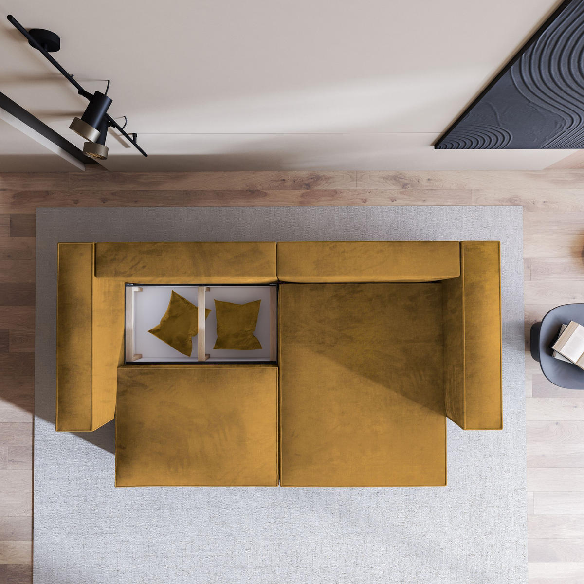 ECKSOFA NERIO M Gelb Velours-Stoff mit Schlaffunktion - Gelb, Holz (245/148cm) - MASSENO