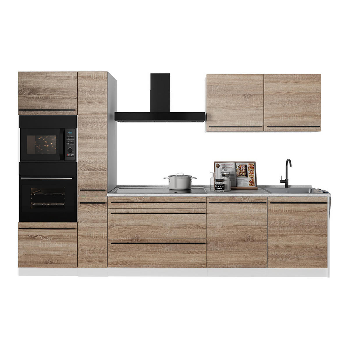 KÜCHENZEILE R-Line, Sonoma/Weiß, 310 cm Arbeitsplatte Marmor - Weiß/Sonoma Eiche, Holzwerkstoff (310/206.8/60cm) - Vicco