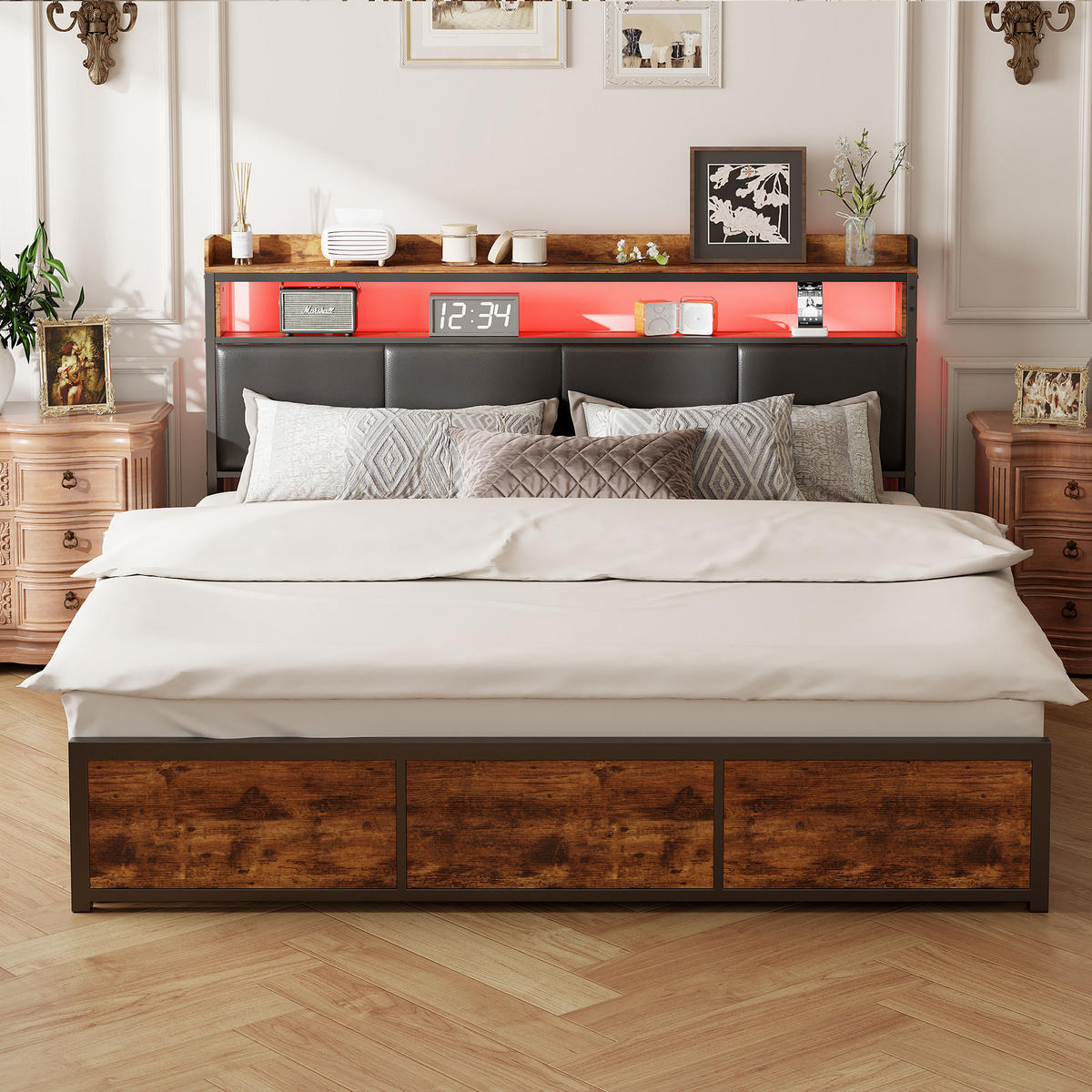 POLSTERBETT 180x200 cm, Schwarz, LED-Beleuchtung, 4 Schubladen - Schwarz, Textil/Metall (180/200cm)