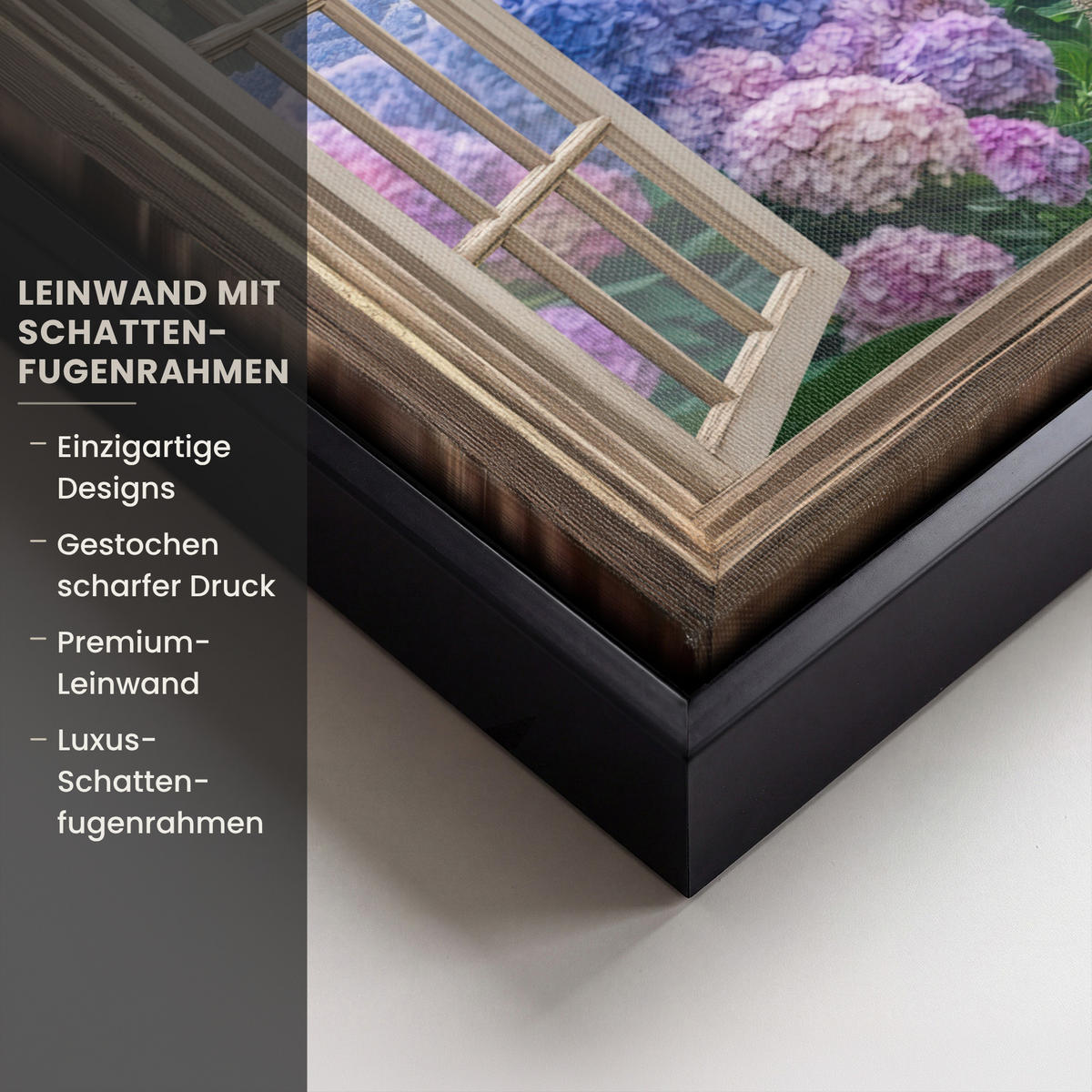 LEINWAND Bilder mit Rahmen - Aussicht - Garten - Fenster - Hortensie - Blumen - 30x20 - Pastellblau, Textil (30/20cm) - MuchoWow