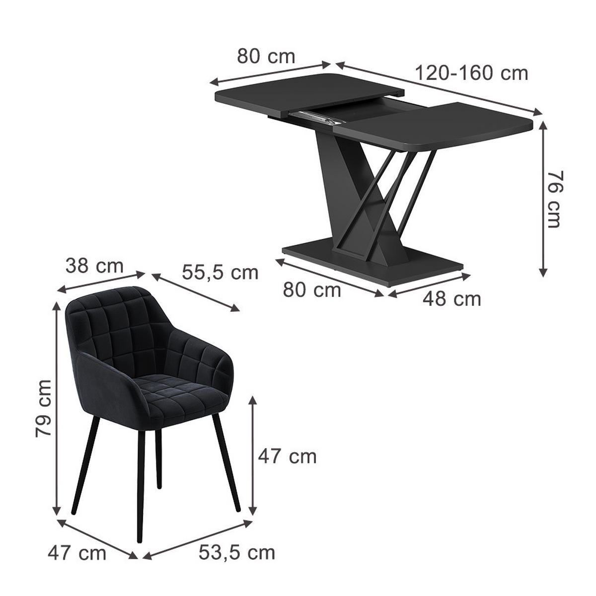 JEDILNA MIZA Fenaro, Črna, 120 x 80 cm s 4 jedilnimi stoli - črna, leseni material (120/76/80cm) - Vicco